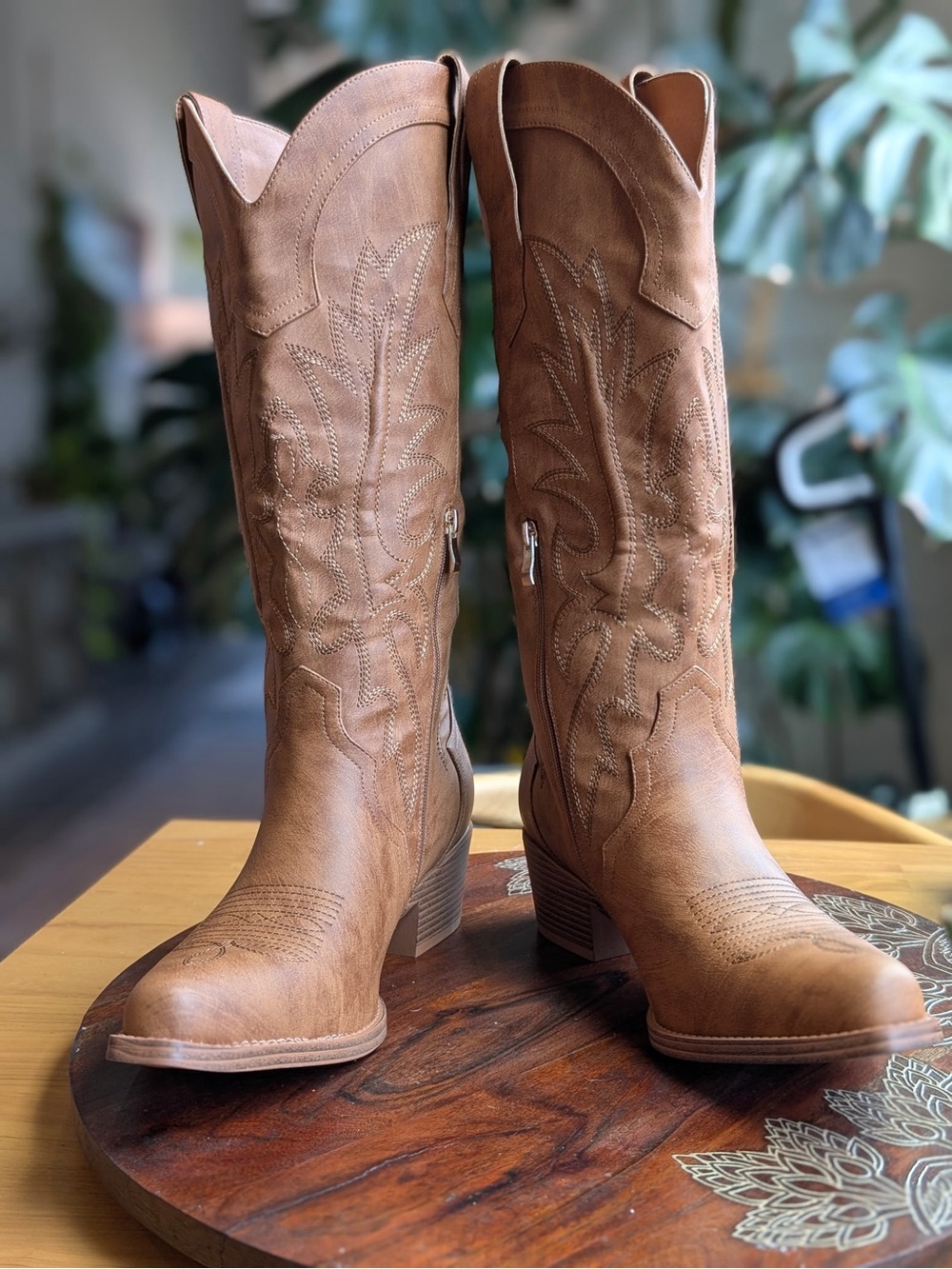 Women’s Tan Western Knee-High Heeled Boots